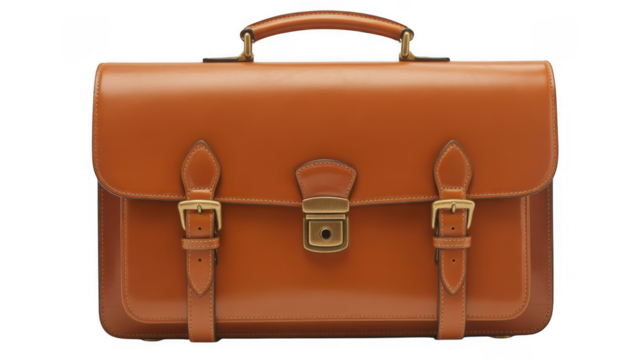 Brown leather briefcase with brass hardware and handle isolated on a transparent background
