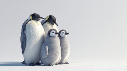 A family of penguins huddling together in a snowy setting.