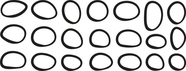 Hand drawn round outline frames with different outline thickness. Set of oval, round frames of different sizes and shapes. Black uneven circles drawn with thick outline by hand with paint brush