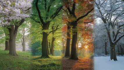 Four Seasons Forest Landscape Showing Spring Summer Autumn and Winter