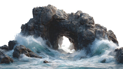 A dramatic, rocky coastline with waves crashing against a natural sea cave, creating a powerful and dynamic ocean scene, isolated on a Transparent background
