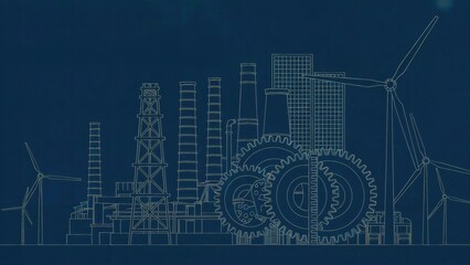 Industrial Energy Blueprint with Mechanical Gears and Renewable Power Elements