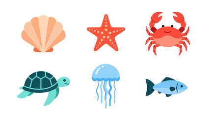 Colorful marine life collection including seashell starfish crab turtle jellyfish and fish