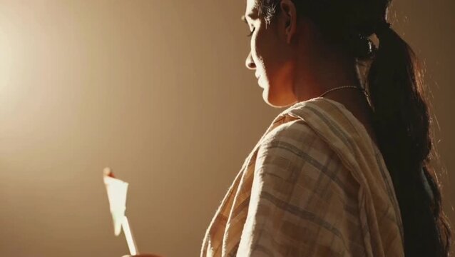 Young woman wearing khadi saree holding a small flag, warm portrait light
