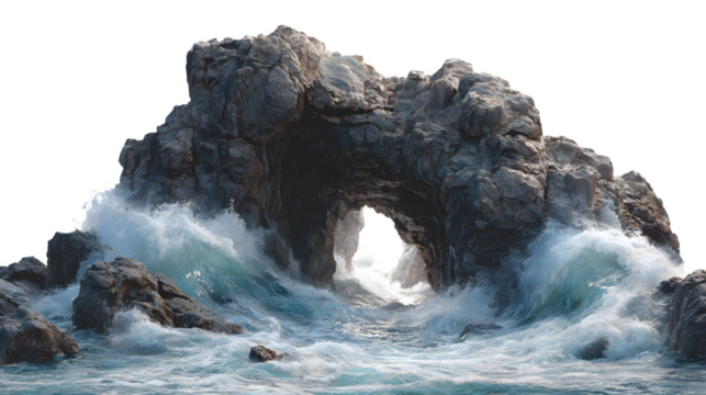 A dramatic, rocky coastline with waves crashing against a natural sea cave, creating a powerful and dynamic ocean scene, isolated on a Transparent background