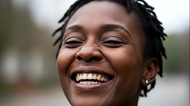 Closeup portrait of a joyful young black woman with dreadlocks smiling widely and looking up towards the sky outdoors