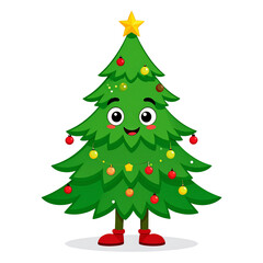 Fototapeta premium Isolated cartoon Christmas tree with green fir, star, and colorful balls, a festive holiday decoration for the winter season and New Year celebration