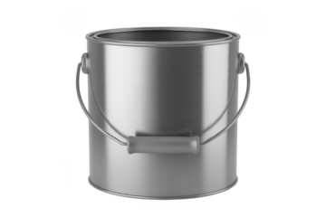 Brushed metal paint can with wire handle and gray grip isolated on a transparent background