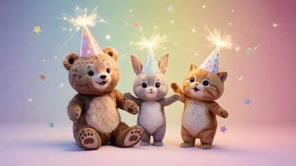 Adorable animals celebrate birthday with sparklers on pastel rainbow background