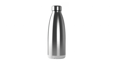 Brushed metal water bottle with silver cap and white base isolated on a transparent background