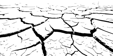 Dry, cracked earth texture with bold contrast and detailed fissures, depicting drought and climate change. High-resolution abstract background perfect for environmental, natural, and conceptual design