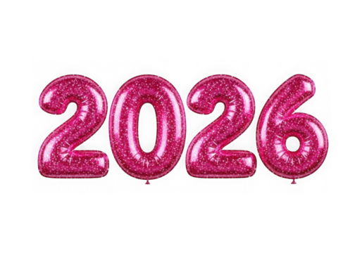 Pink foil balloon number 2026 isolated on transparent background