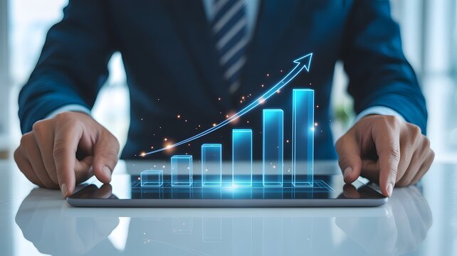 Business Growth Graph Overlay on Tablet Display with Man in Suit