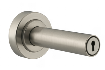 Brushed nickel door handle with keyhole detail and circular mounting plate isolated on a transparent background