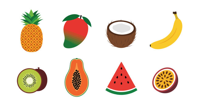 Colorful tropical fruits pineapple mango coconut banana kiwi papaya watermelon passion fruit