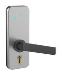 Brushed silver smart door handle with keyhole and blue illuminated indicators isolated on a transparent background