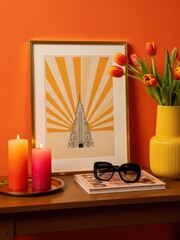 Retro Console Table with Sun Art and Tulips