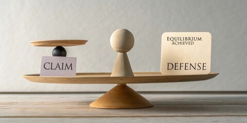 Balance between Claim and Defense in Legal Context on Wooden Scale with Soft Background and Neutral Colors for Conceptual Illustration