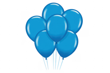 Bunch of six bright blue latex balloons with white strings isolated on a transparent background