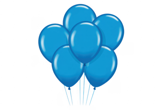 Bunch of six bright blue latex balloons with white strings isolated on a transparent background