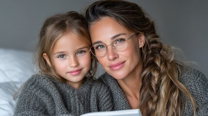 A Joyful Moment of Learning: Woman and Girl Engage with Tablet in a Minimal Loft Setting