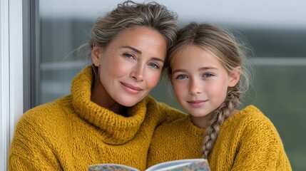 A Heartwarming Moment: A Mother and Her Daughter Share a Cozy Reading Session Together by the Window