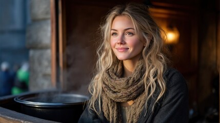 A Graceful Woman with Long Blonde Hair Enjoys Her Coffee in a Cozy Street Caf&eacute; Atmosphere Full of Minimalist Charm