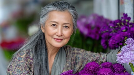 A Woman with Grey Hair Exudes Professional Charm while Buying Flowers from a Street Vendor in a Minimalist Loft Setting