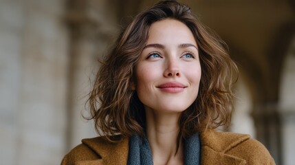 A Thoughtful Woman in Brown Coat and Blue Scarf Pauses to Admire Historical Architecture Bathed in Warm Sunlight