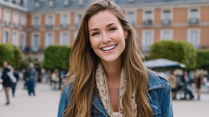 A Confident Woman with Long Hair Smiling Gently Amidst a Bustling Plaza in a Modern Loft-Like Environment