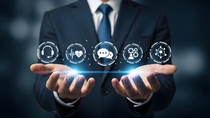 Businessman holding digital icons representing communication and technology services