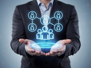 Businessman holding glowing network of people and security icons