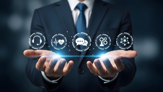 Businessman holding digital icons representing communication and technology services