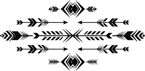 Abstract geometric ethnic style horizontal border design with arrows and tribal shapes perfect for bohemian or aztec themes wallpaper or textile print.