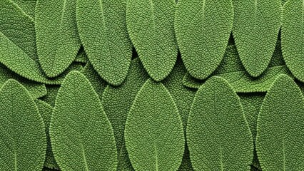 Close-up of fresh green sage leaves arranged in a pattern, showcasing their texture and color.