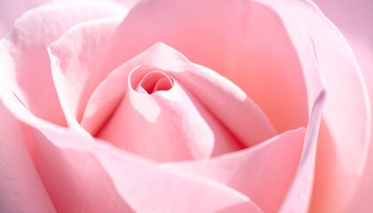 Close up macro shot of a soft pink rose petal swirl with bright sunlight illuminating the delicate texture and soft focus background