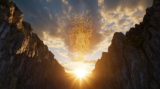 A digital representation of data is emerging from a mountain range at sunset, with a bright sun and dramatic sky.
