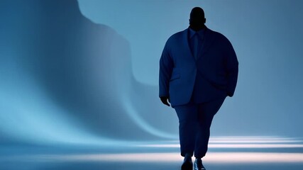 A Stylish Journey: A Confident Individual in a Tailored Blue Suit Walks Through an Ethereal, Soft-lit Ambiance, Exemplifying Modern Elegance and Unique Fashion Sense.