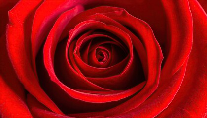 Close up macro shot of a vibrant red rose in full bloom with intricate petal layers and dew drops against a dark blurred background symbolizing love and beauty