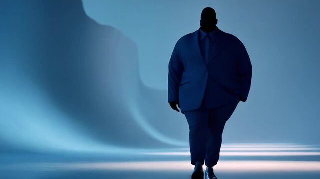 A Stylish Journey: A Confident Individual in a Tailored Blue Suit Walks Through an Ethereal, Soft-lit Ambiance, Exemplifying Modern Elegance and Unique Fashion Sense.