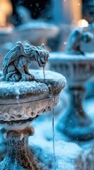 A detailed shot of a gargoyle statue on a fountain, with water dripping, covered in snow, in a winter setting. The scene has a cold, moody atmosphere.