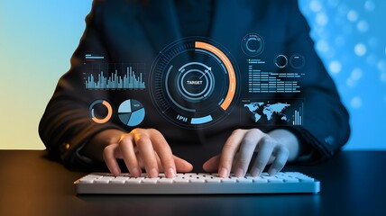 Hands typing on a keyboard, interacting with a futuristic digital interface displaying data analytics