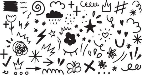 A collection of black doodles featuring stars, hearts, arrows, and squiggles. Doodles include clouds, crowns, and flowers. Fun and whimsical doodles black and white vector art