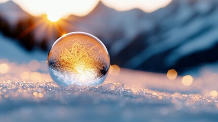 A close-up shot of a glass sphere resting on snow, with a bright sunrise and mountains in the background. The sphere has intricate patterns inside.