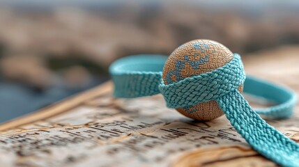 A detailed shot of a globe wrapped in a blue ribbon, resting on a map. The background is blurred, creating a soft focus effect.