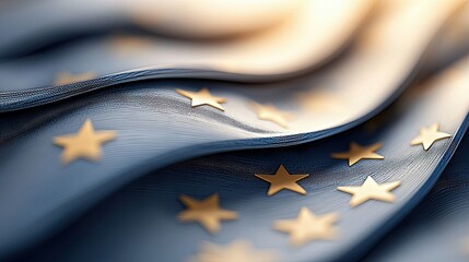 Close-up of the European Union flag with golden stars, waving in the wind with soft lighting.