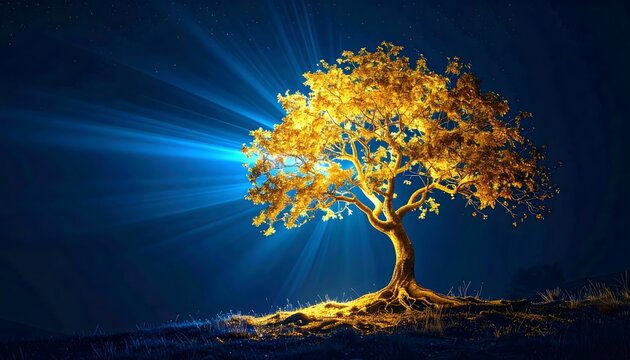 Glowing golden tree illuminated by bright blue rays in a dramatic night landscape scene.
