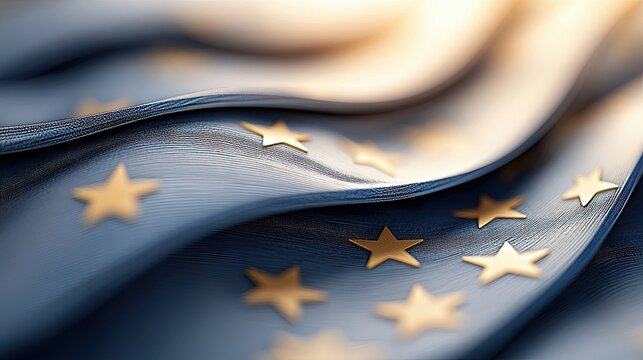 Close-up of the European Union flag with golden stars, waving in the wind with soft lighting.