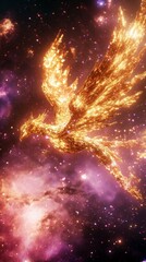 A majestic, glowing phoenix bird soars through a vibrant, star-filled galaxy, radiating light and energy.