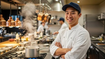 A smiling chef in a professional kitchen wearing a chef's uniform and a cap, with his arms crossed and looking at the camera, steam rising from a pot on the stove